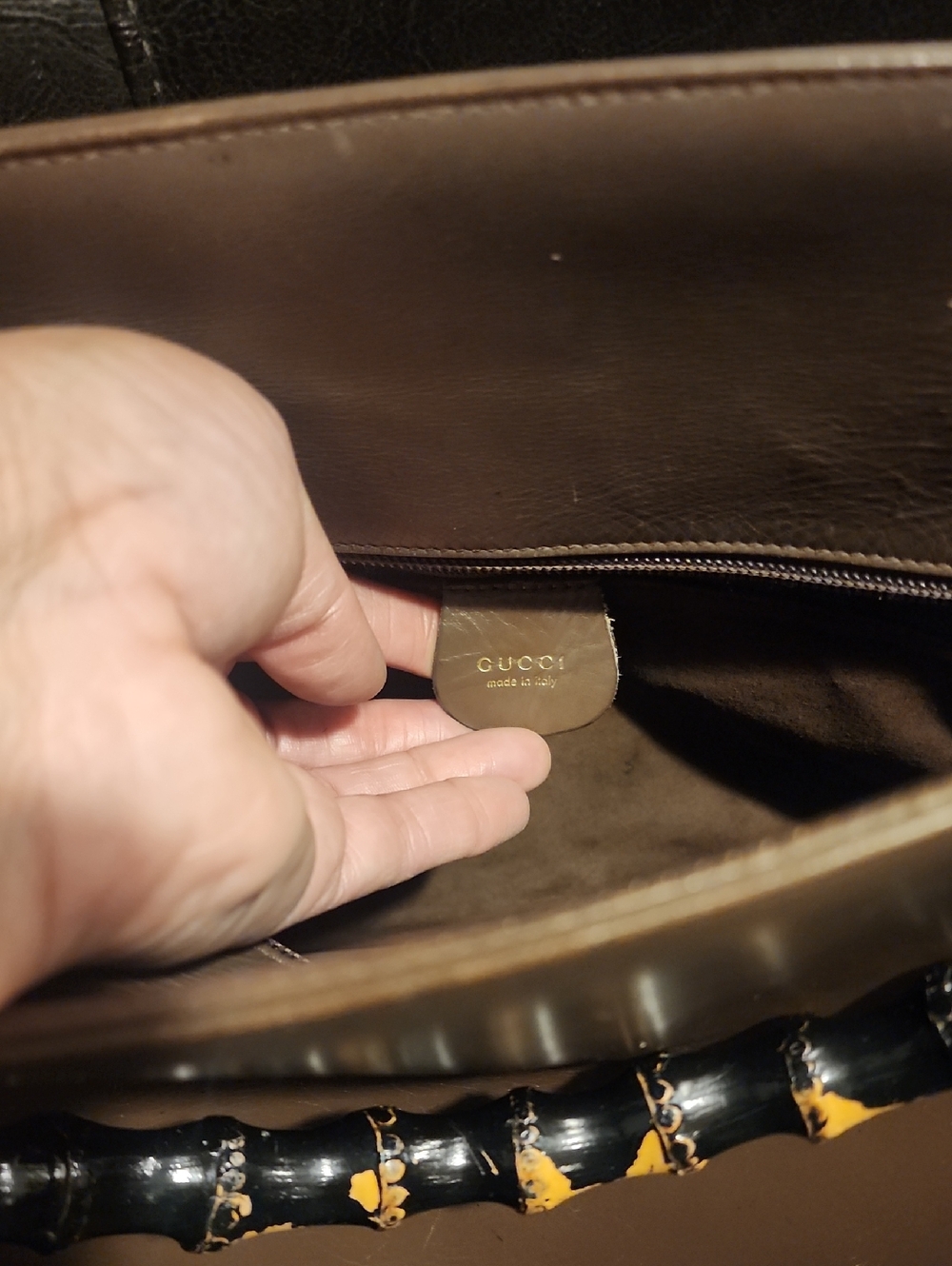 Gucci Brown Leather Messenger Bag with Black & Yellow Bamboo Handle